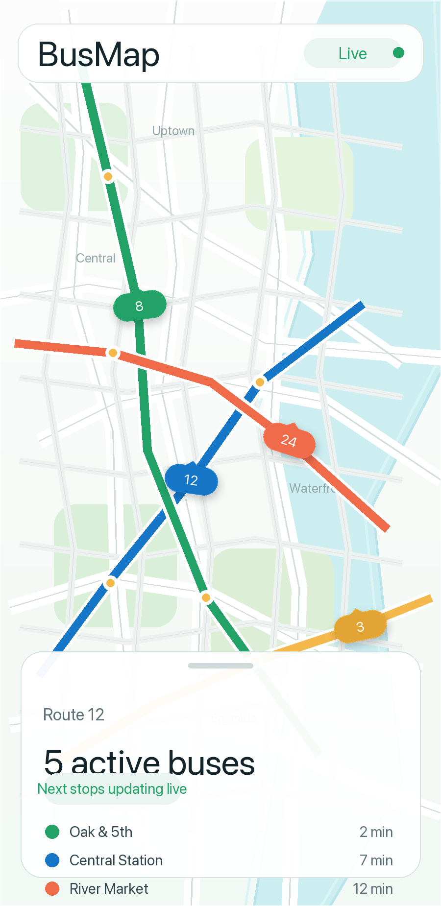 BusMap app screen showing live buses on a transit map